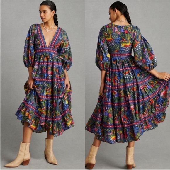 FARM Rio Dresses & Skirts - FARM Rio Animal Utopia Floral Jungle Print Puff Sleeve Midi Dress XS NWT